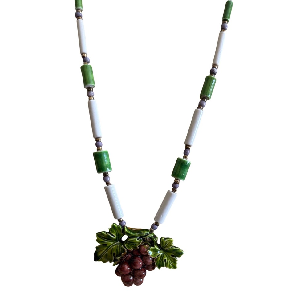 Ceramic Grape Cluster Pendant Necklace Green White Beaded